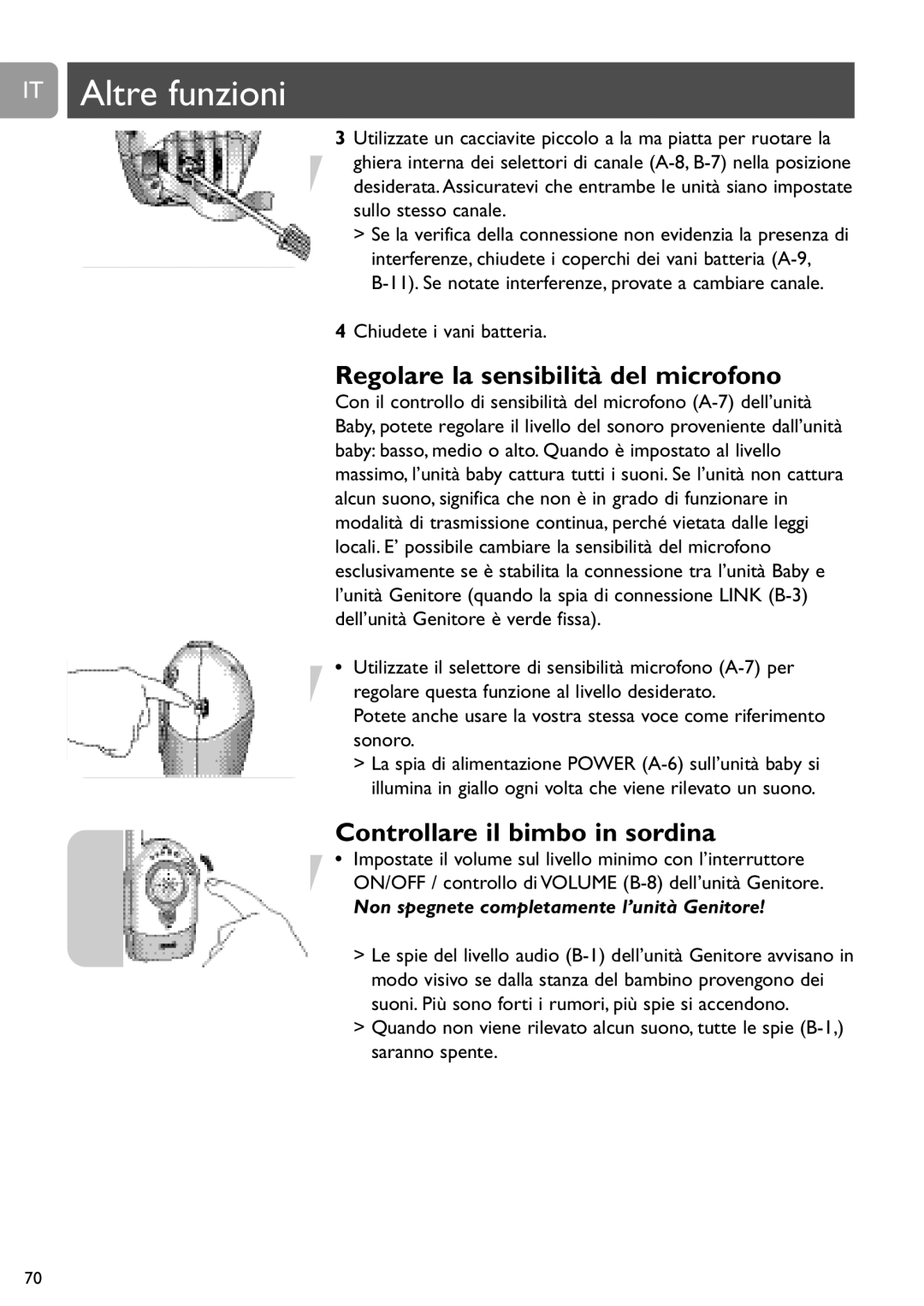 Philips SCD464 user manual IT Altre funzioni, Regolare la sensibilità del microfono, Controllare il bimbo in sordina 