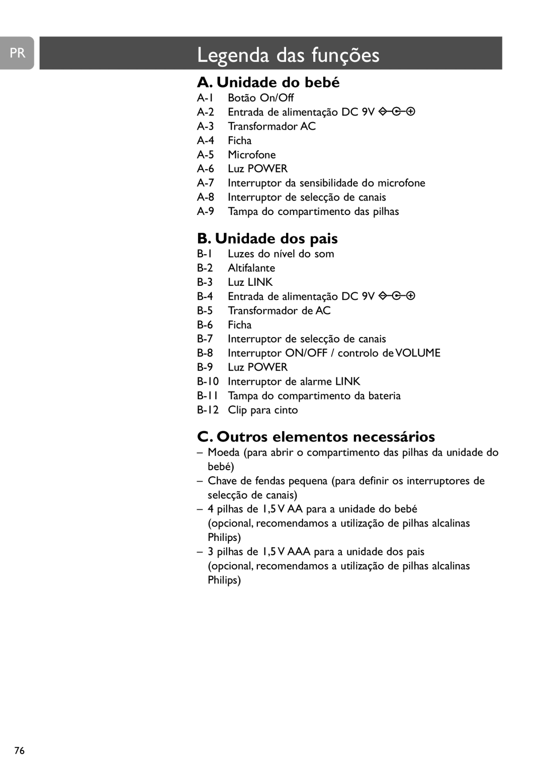 Philips SCD464 user manual Unidade do bebé, Unidade dos pais, Outros elementos necessários 