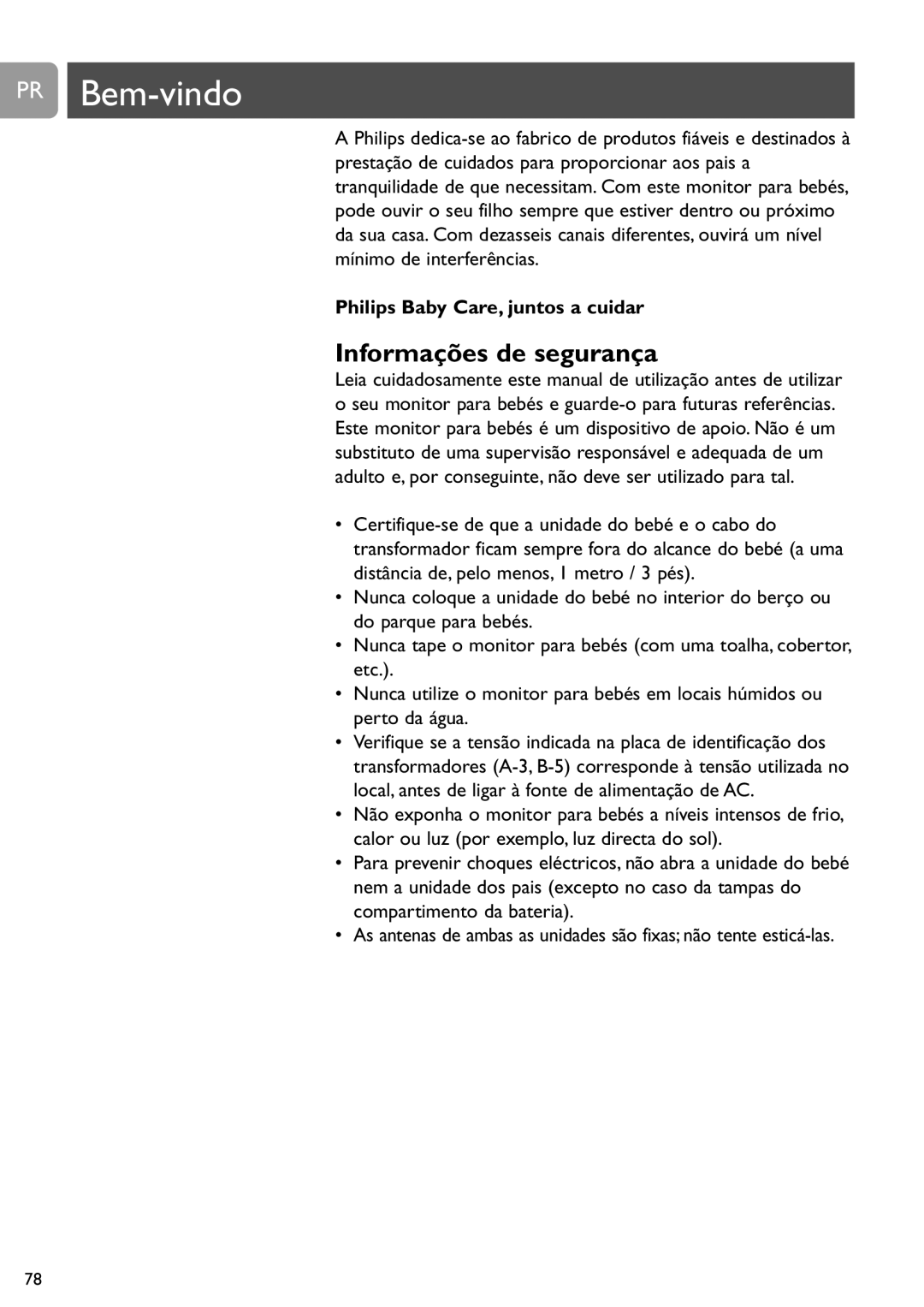 Philips SCD464 user manual PR Bem-vindo, Informações de segurança, Philips Baby Care, juntos a cuidar 