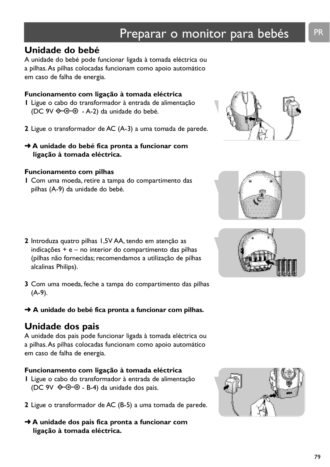 Philips SCD464 user manual Preparar o monitor para bebés, Funcionamento com ligação à tomada eléctrica 