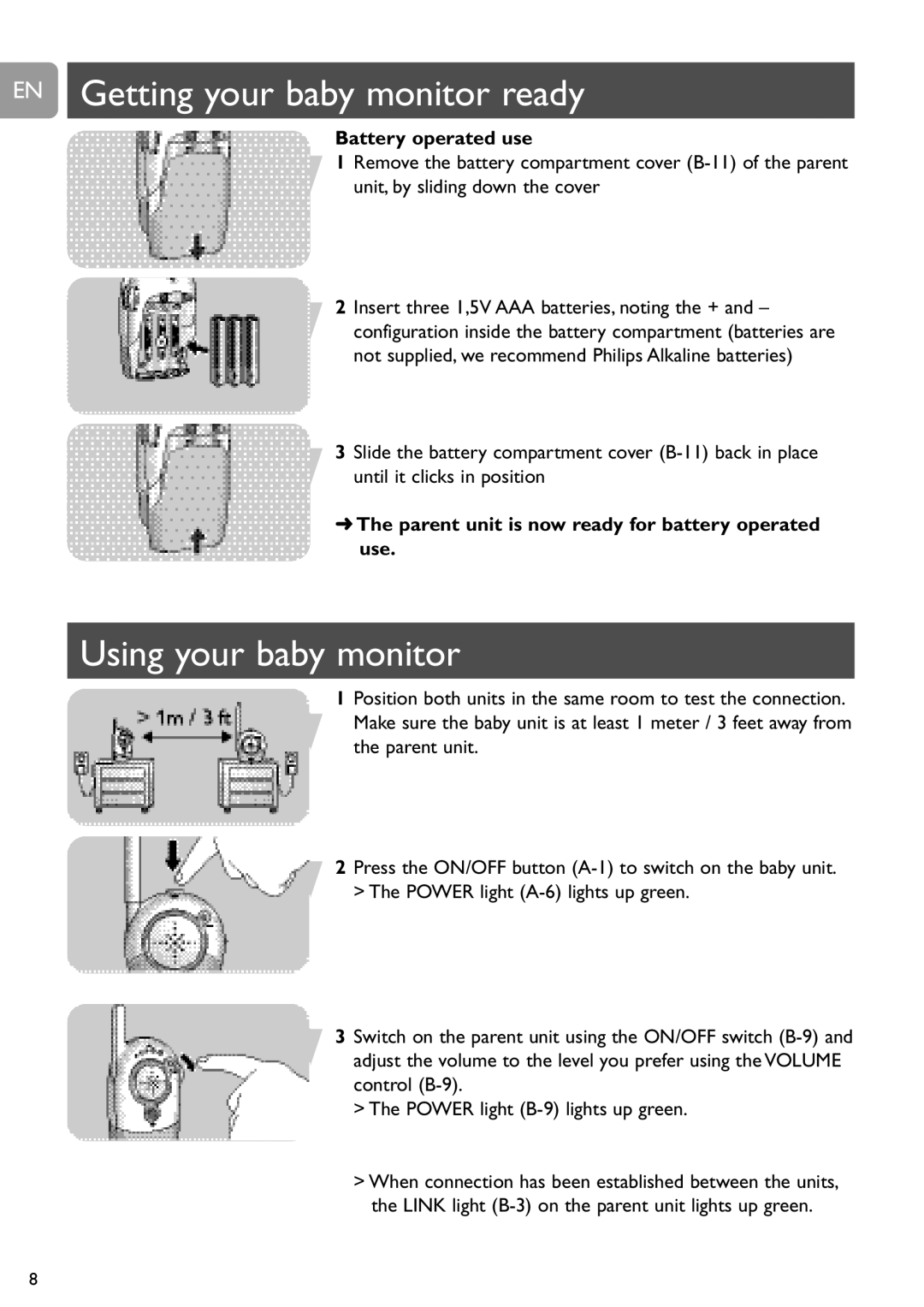 Philips SCD464 user manual EN Getting your baby monitor ready, Using your baby monitor 