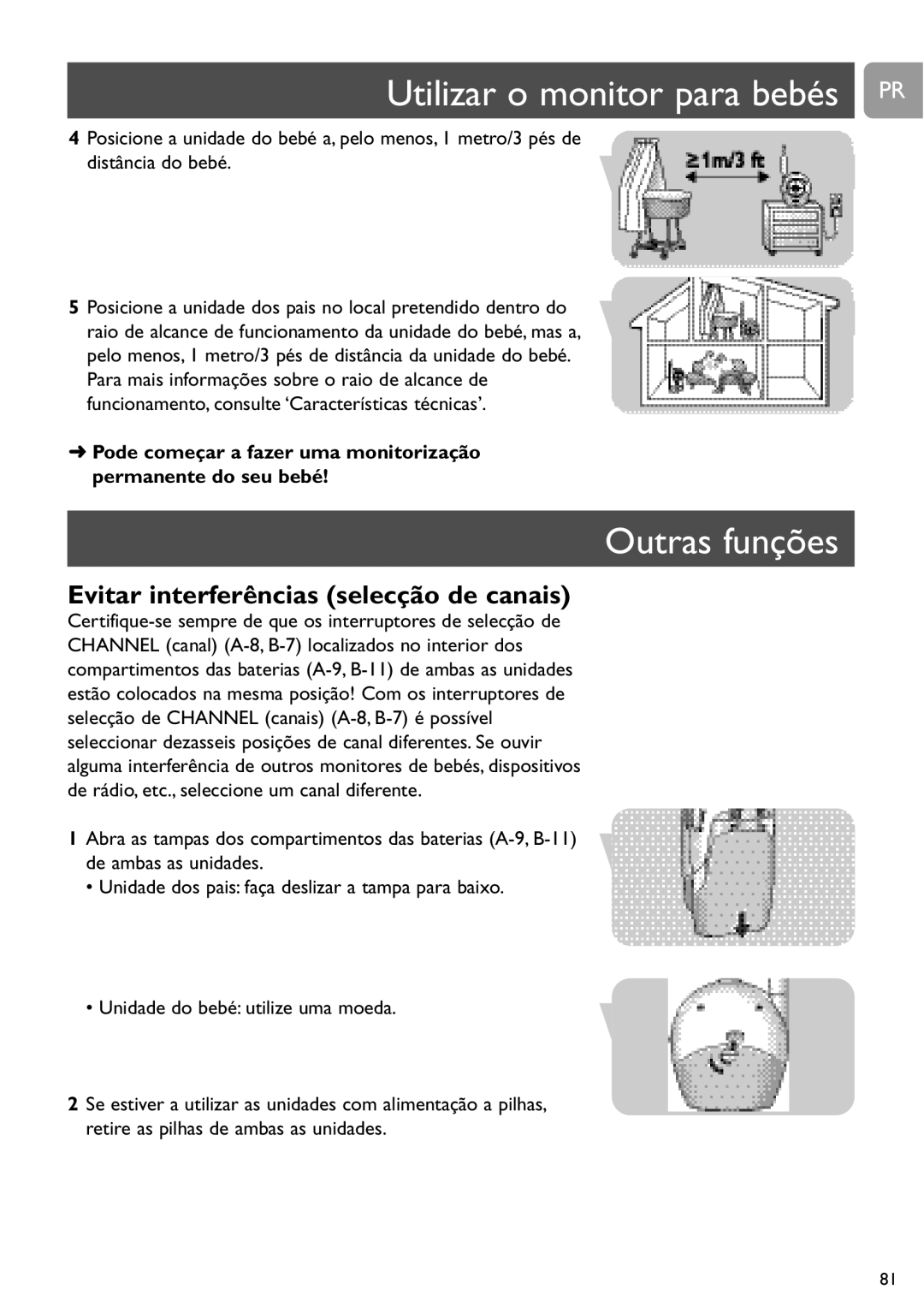 Philips SCD464 user manual Utilizar o monitor para bebés PR, Outras funções, Evitar interferências selecção de canais 