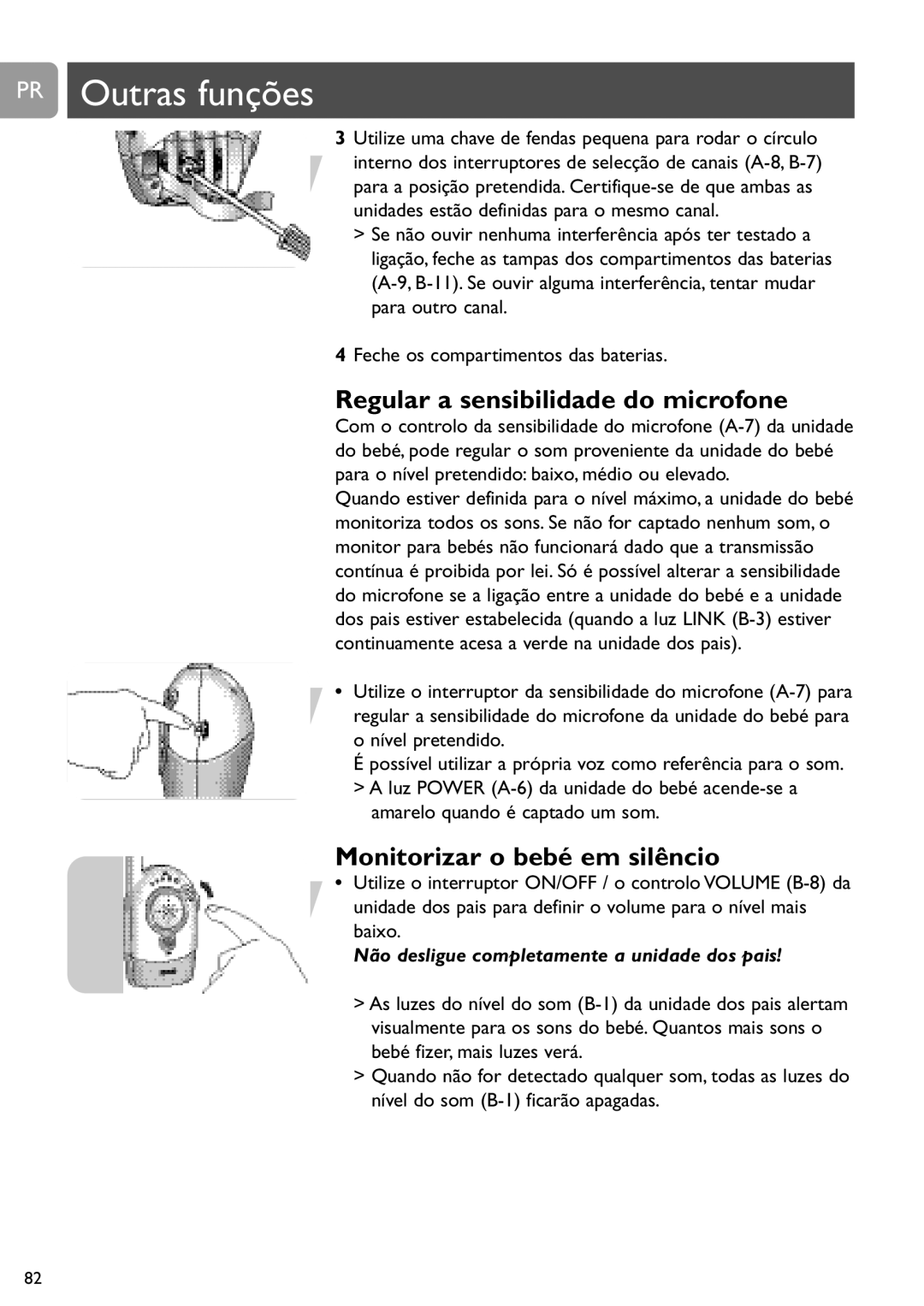 Philips SCD464 user manual PR Outras funções, Regular a sensibilidade do microfone, Monitorizar o bebé em silêncio 