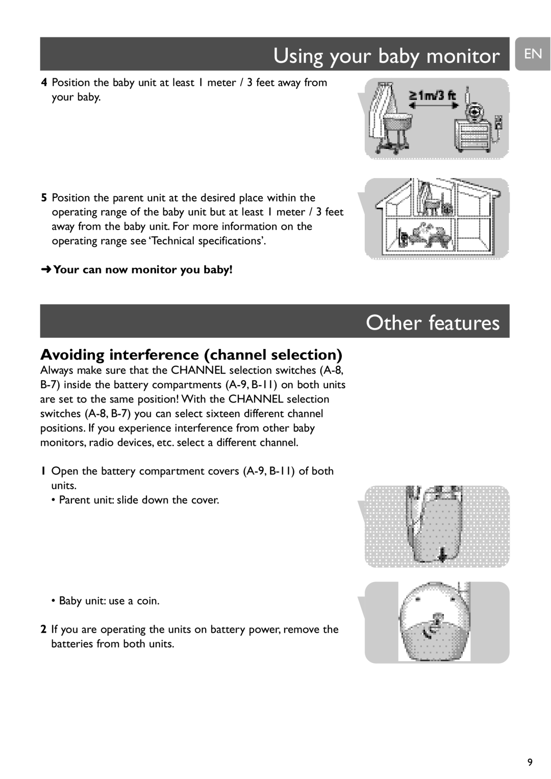 Philips SCD464 user manual Using your baby monitor EN, Other features, Avoiding interference channel selection 