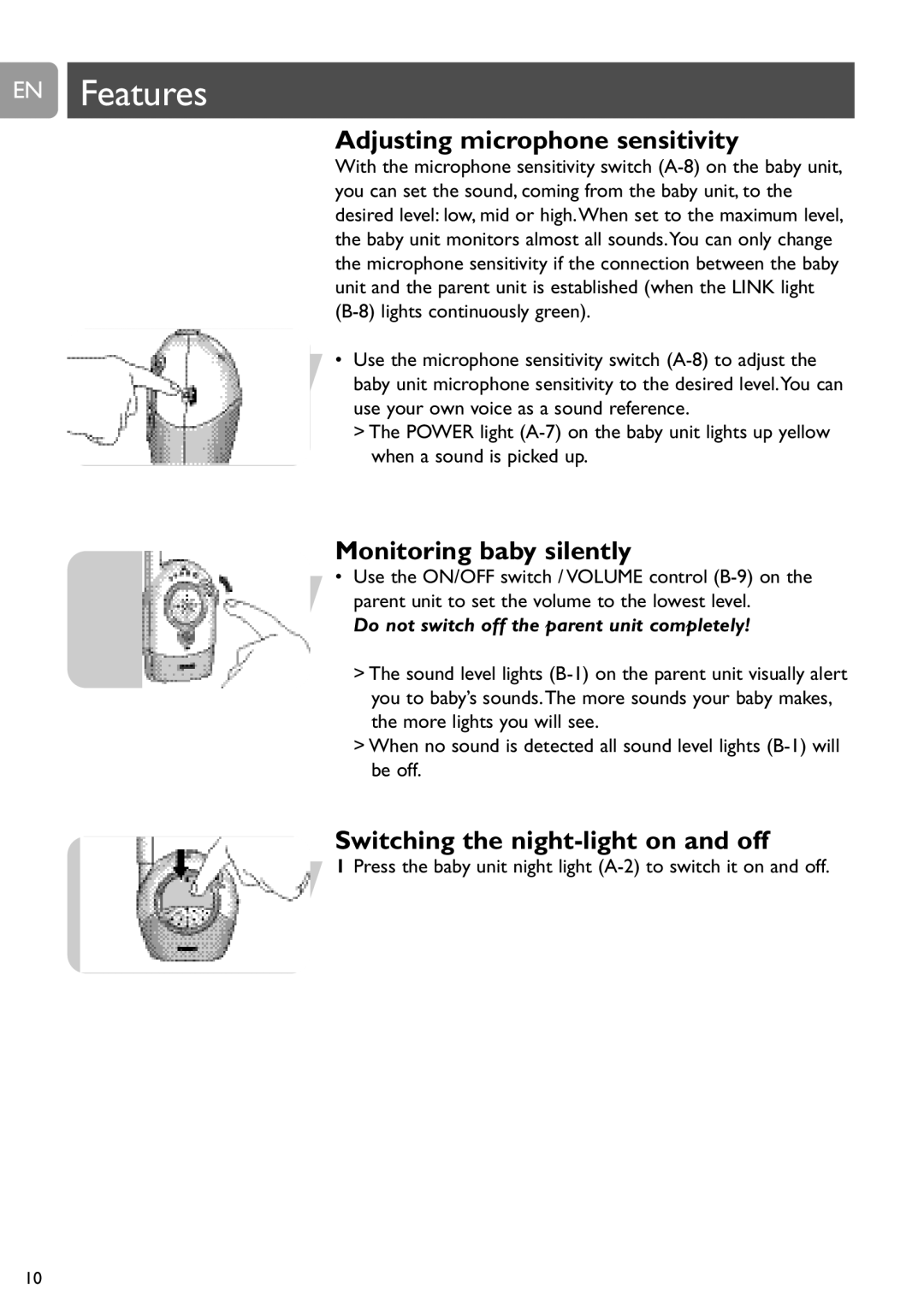 Philips SCD468 user manual EN Features, Adjusting microphone sensitivity, Monitoring baby silently 