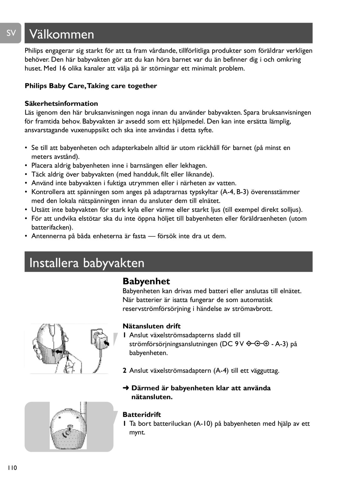 Philips SCD468 user manual SV Välkommen, Installera babyvakten, Philips Baby Care,Taking care together Säkerhetsinformation 