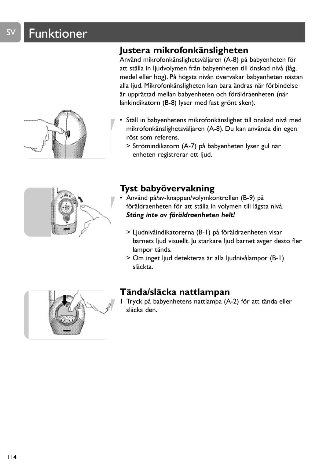 Philips SCD468 user manual SV Funktioner, Justera mikrofonkänsligheten, Tyst babyövervakning, Tända/släcka nattlampan 