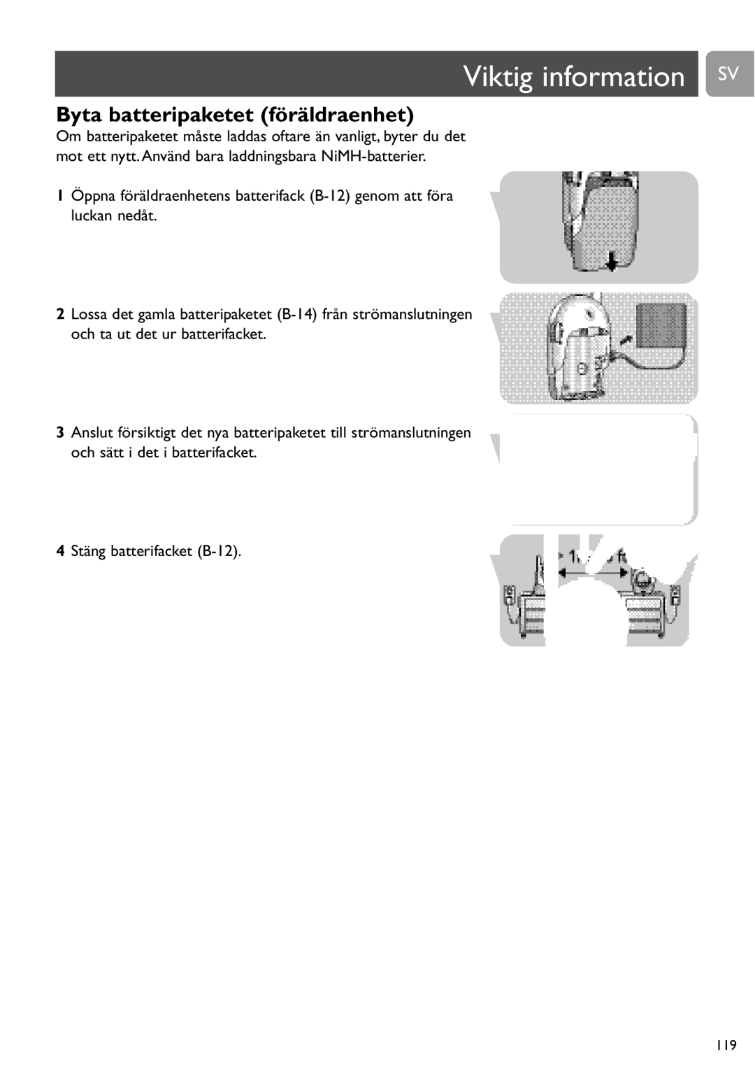 Philips SCD468 user manual Viktig information SV, Byta batteripaketet föräldraenhet 