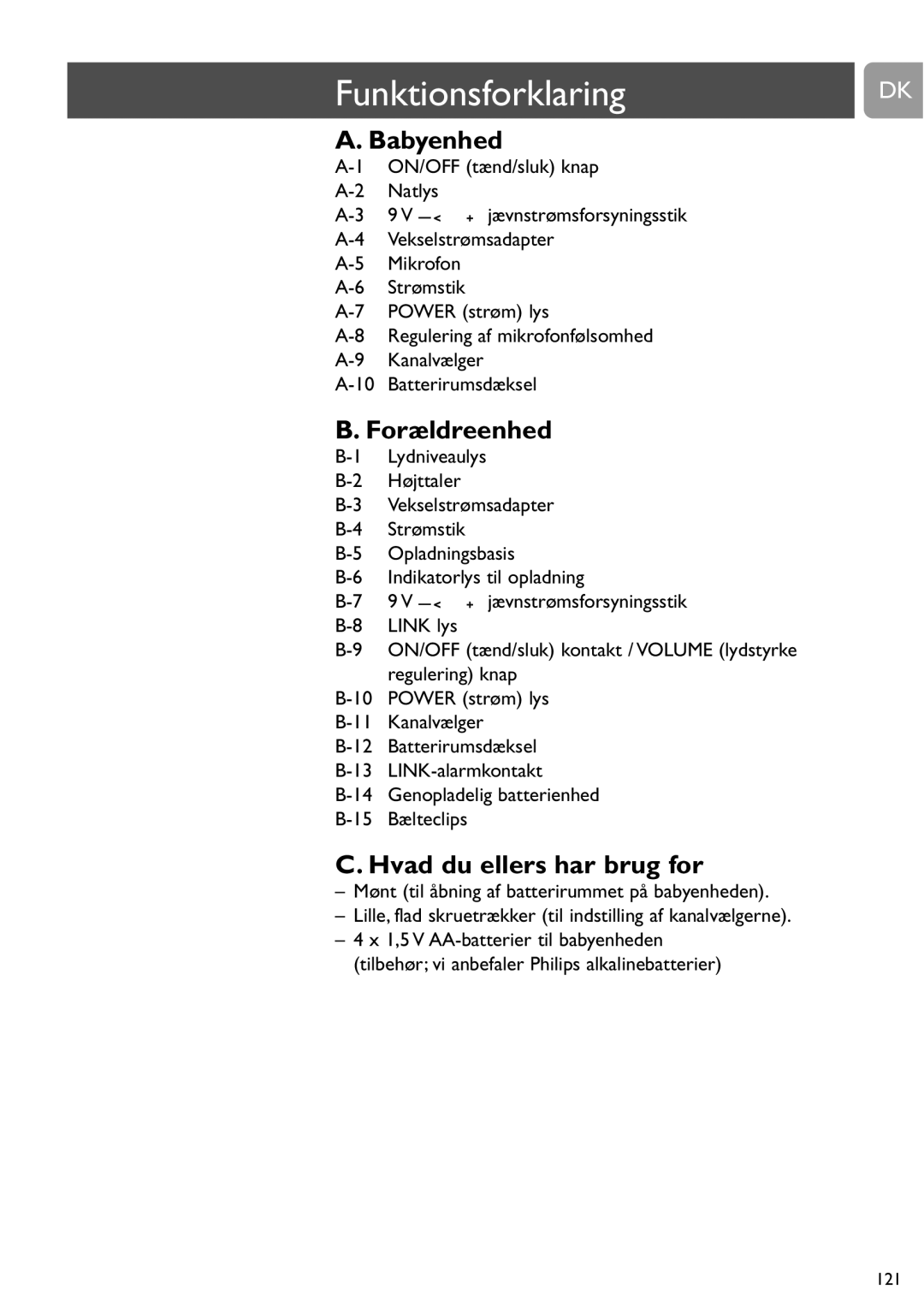 Philips SCD468 user manual Funktionsforklaring, Babyenhed, Forældreenhed, Hvad du ellers har brug for 