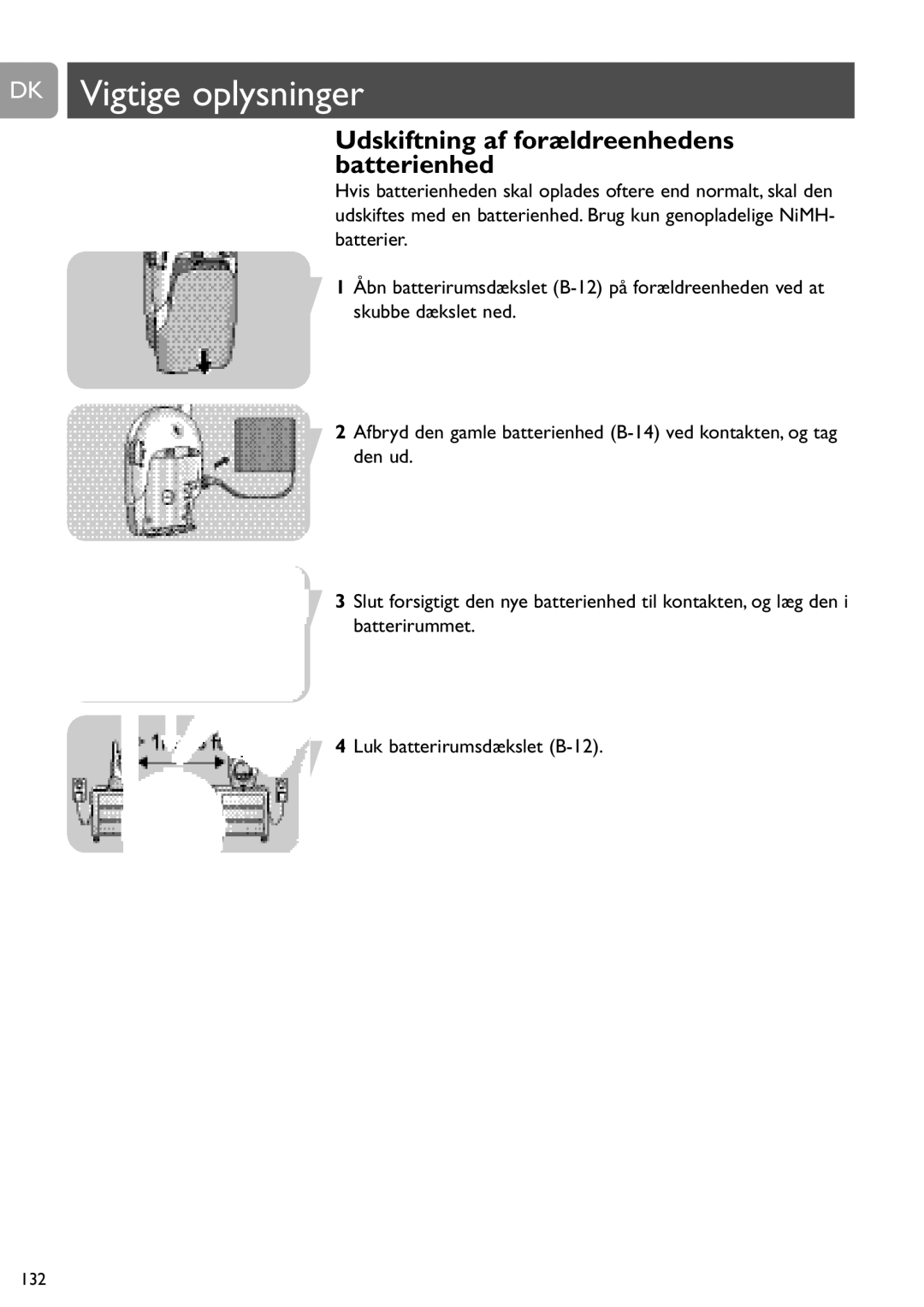 Philips SCD468 user manual DK Vigtige oplysninger, Udskiftning af forældreenhedens batterienhed 