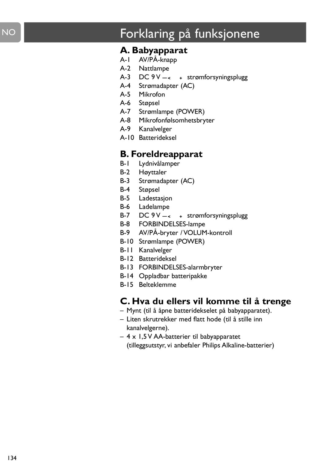 Philips SCD468 user manual Forklaring på funksjonene, Babyapparat, Foreldreapparat, Hva du ellers vil komme til å trenge 