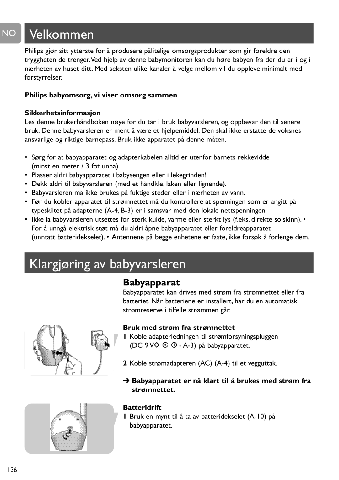 Philips SCD468 user manual No Velkommen, Klargjøring av babyvarsleren, Bruk med strøm fra strømnettet 