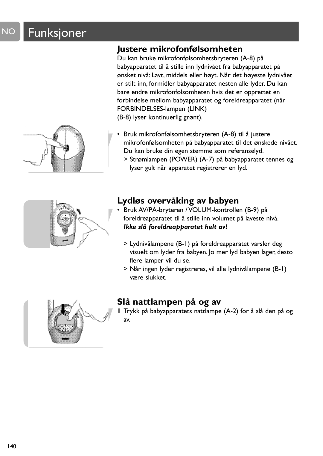 Philips SCD468 user manual No Funksjoner, Justere mikrofonfølsomheten, Lydløs overvåking av babyen, Slå nattlampen på og av 