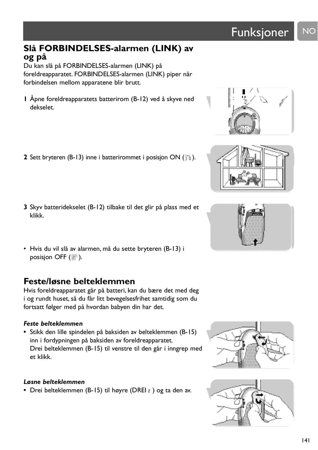 Philips SCD468 Slå FORBINDELSES-alarmen Link av og på, Feste/løsne belteklemmen, Feste belteklemmen, Løsne belteklemmen 