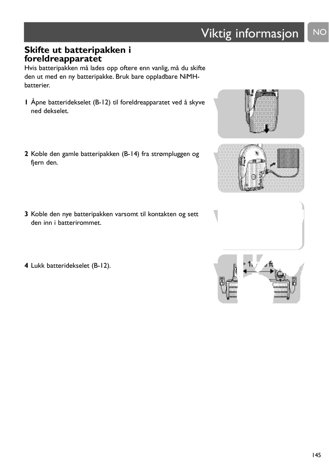 Philips SCD468 user manual Viktig informasjon no, Skifte ut batteripakken i foreldreapparatet 