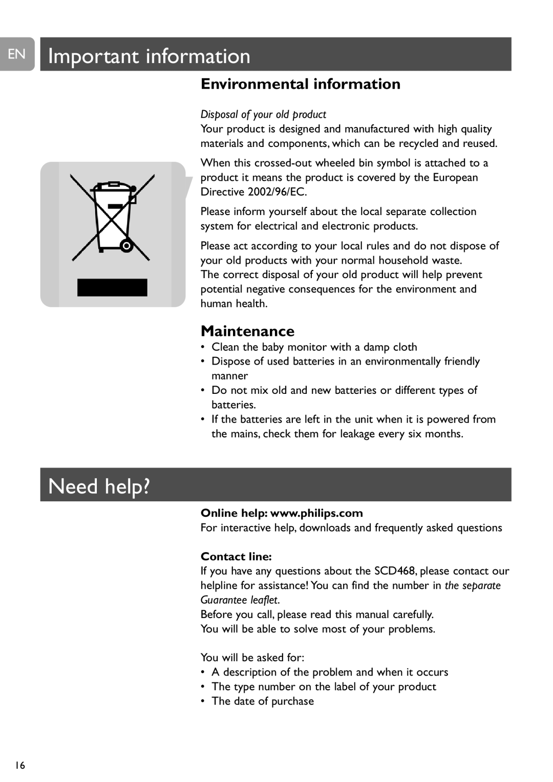 Philips SCD468 user manual EN Important information, Need help?, Environmental information, Maintenance, Contact line 