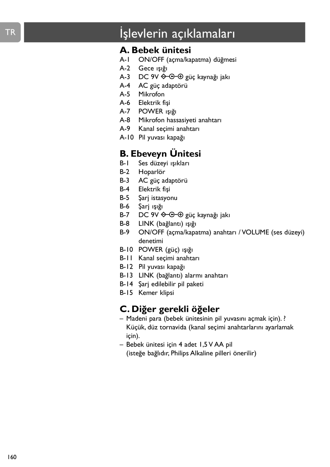 Philips SCD468 user manual İşlevlerin açıklamaları, Bebek ünitesi, Ebeveyn Ünitesi, Diğer gerekli öğeler 