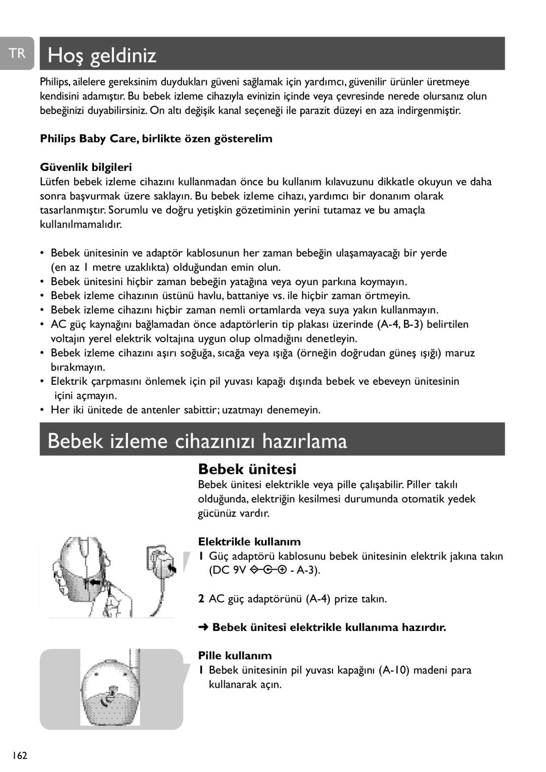 Philips SCD468 user manual TR Hoş geldiniz, Bebek izleme cihazınızı hazırlama, Elektrikle kullanım 