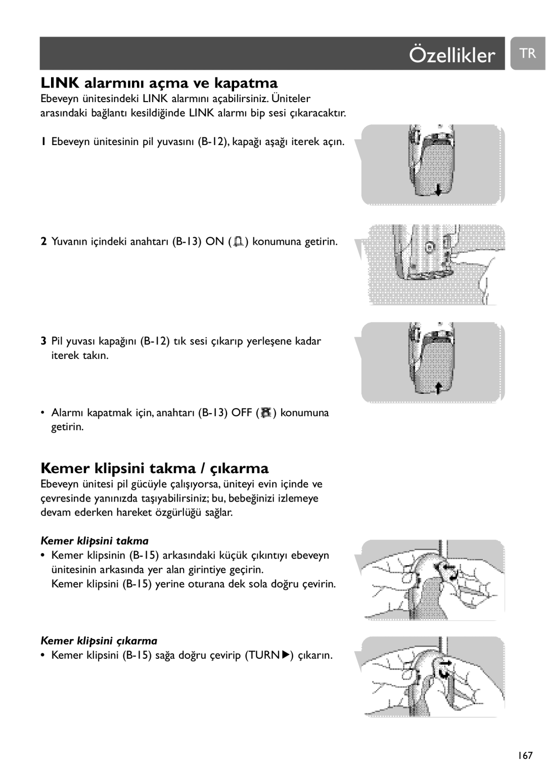 Philips SCD468 user manual Link alarmını açma ve kapatma, Kemer klipsini takma / çıkarma, Kemer klipsini çıkarma 