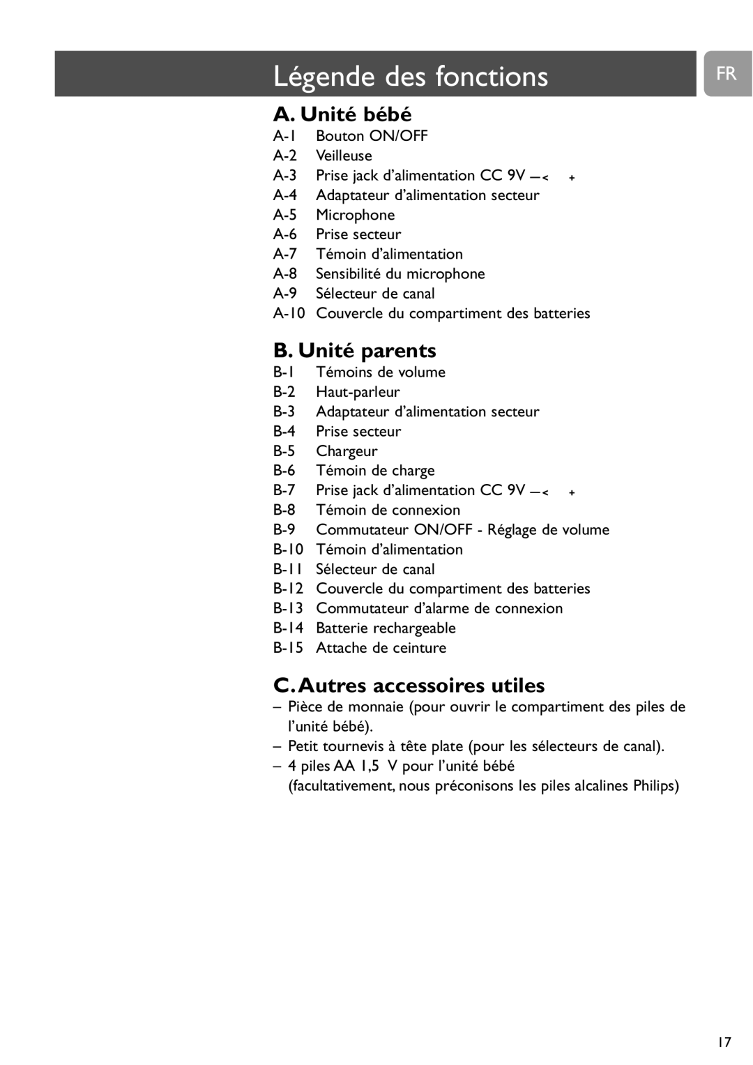 Philips SCD468 user manual Légende des fonctions, Unité bébé, Unité parents, Autres accessoires utiles 