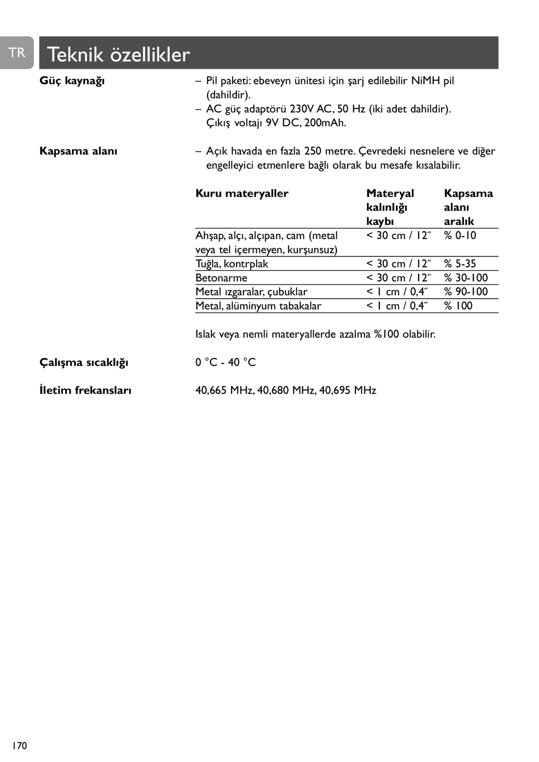 Philips SCD468 user manual TR Teknik özellikler, Güç kaynağı, Kapsama alanı, Çalışma sıcaklığı, İletim frekansları 