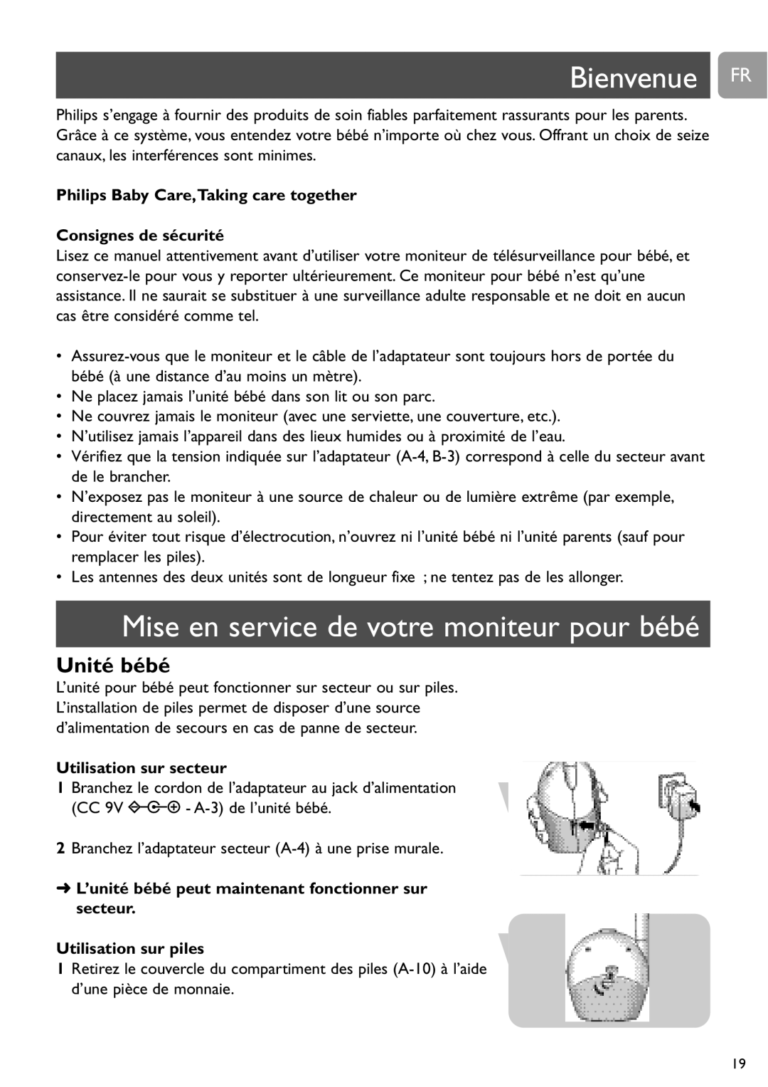 Philips SCD468 user manual Bienvenue FR, Mise en service de votre moniteur pour bébé, Utilisation sur secteur 