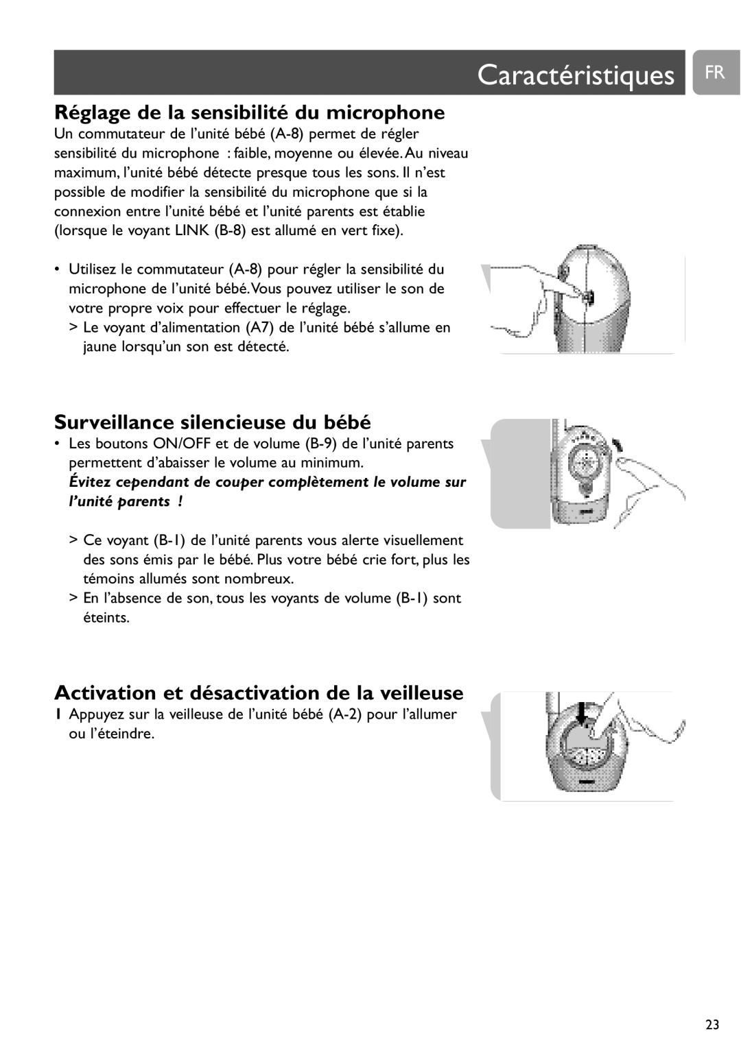 Philips SCD468 user manual Caractéristiques FR, Réglage de la sensibilité du microphone, Surveillance silencieuse du bébé 