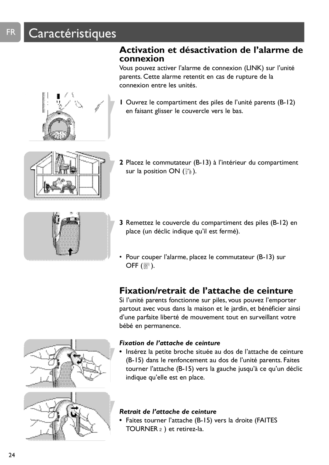 Philips SCD468 user manual Activation et désactivation de l’alarme de connexion, Fixation/retrait de l’attache de ceinture 