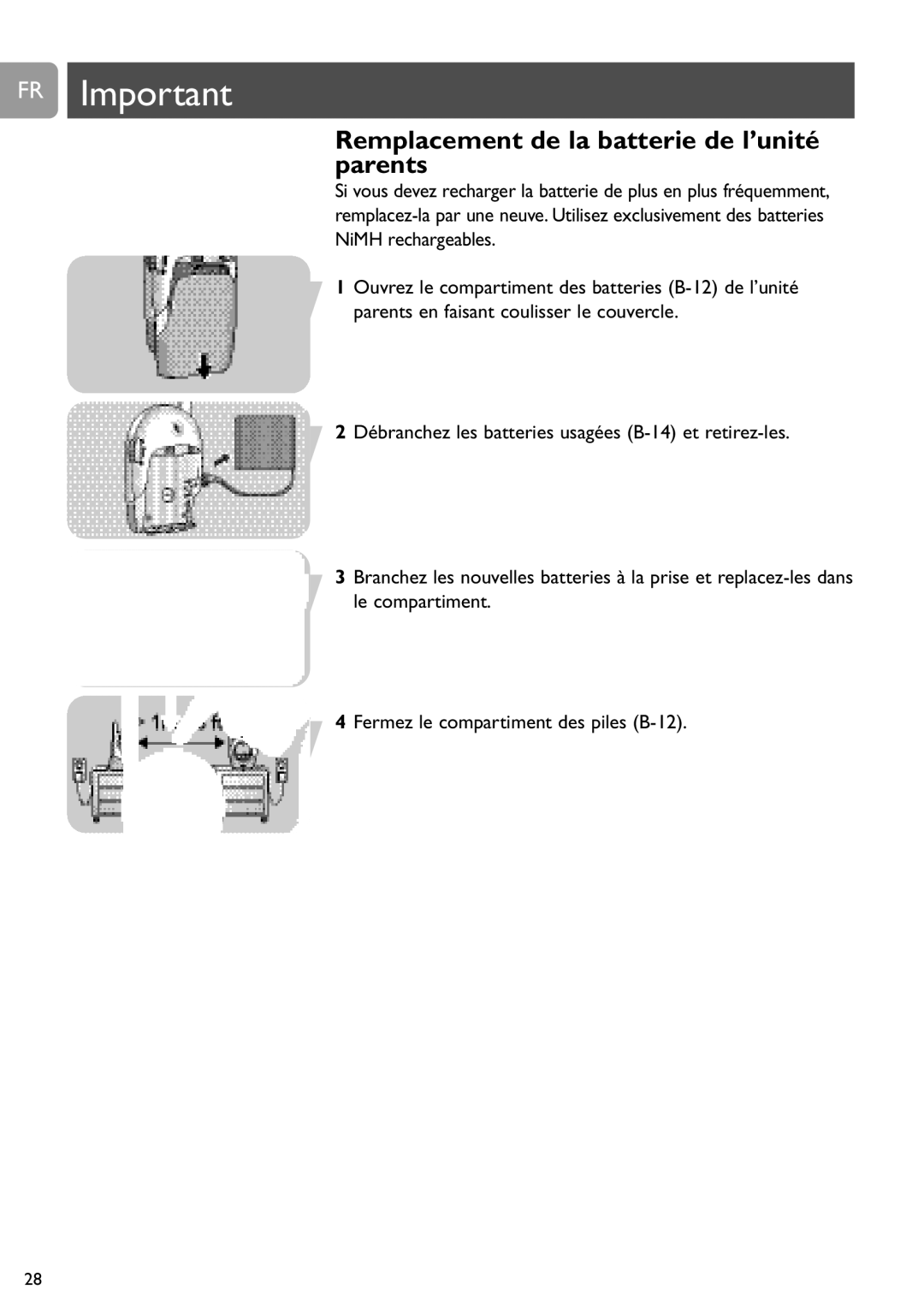 Philips SCD468 user manual FR Important, Remplacement de la batterie de l’unité parents 