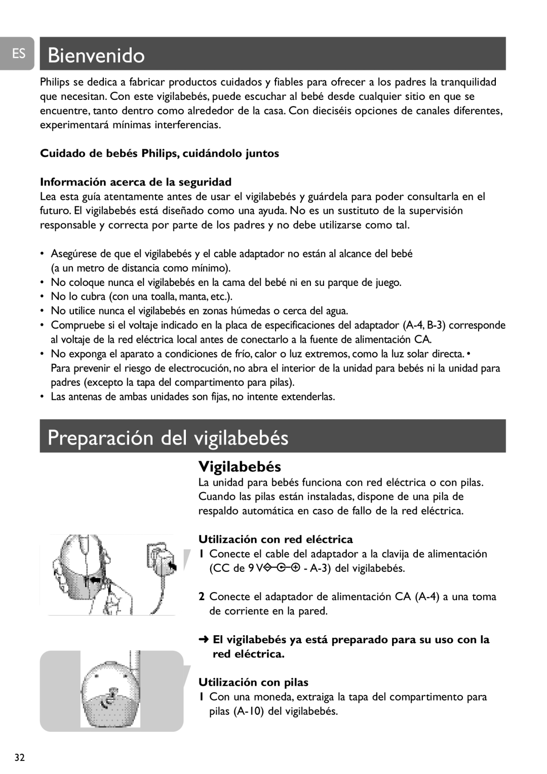 Philips SCD468 user manual ES Bienvenido, Preparación del vigilabebés, Utilización con red eléctrica 