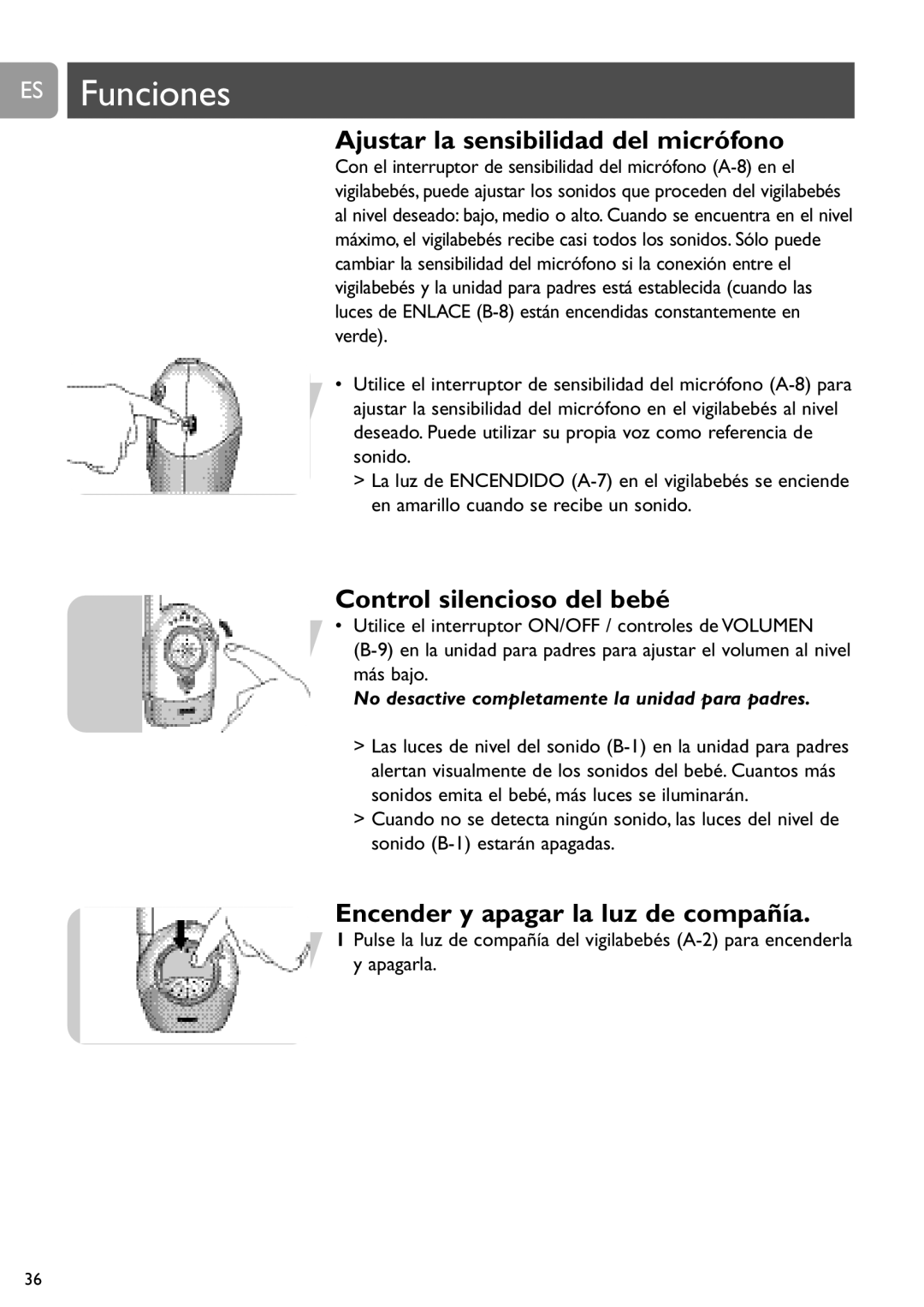 Philips SCD468 user manual ES Funciones, Ajustar la sensibilidad del micrófono, Control silencioso del bebé 