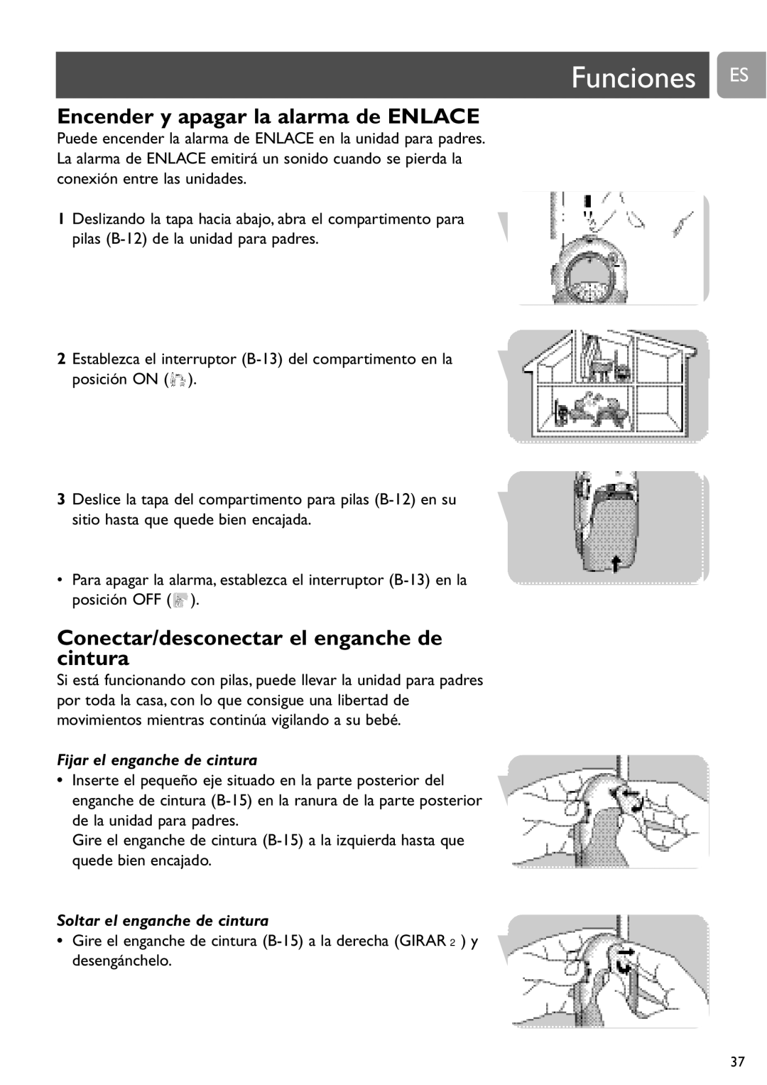 Philips SCD468 user manual Encender y apagar la alarma de Enlace, Conectar/desconectar el enganche de cintura 