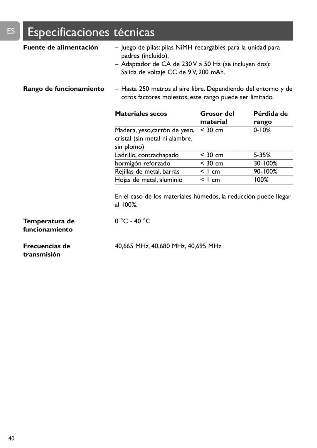 Philips SCD468 ES Especificaciones técnicas, Materiales secos Grosor del Pérdida de Rango, Temperatura de, Transmisión 