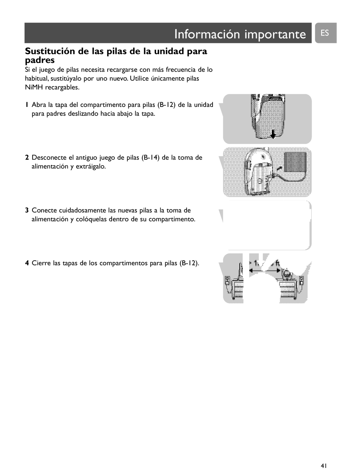 Philips SCD468 user manual Información importante ES, Sustitución de las pilas de la unidad para padres 