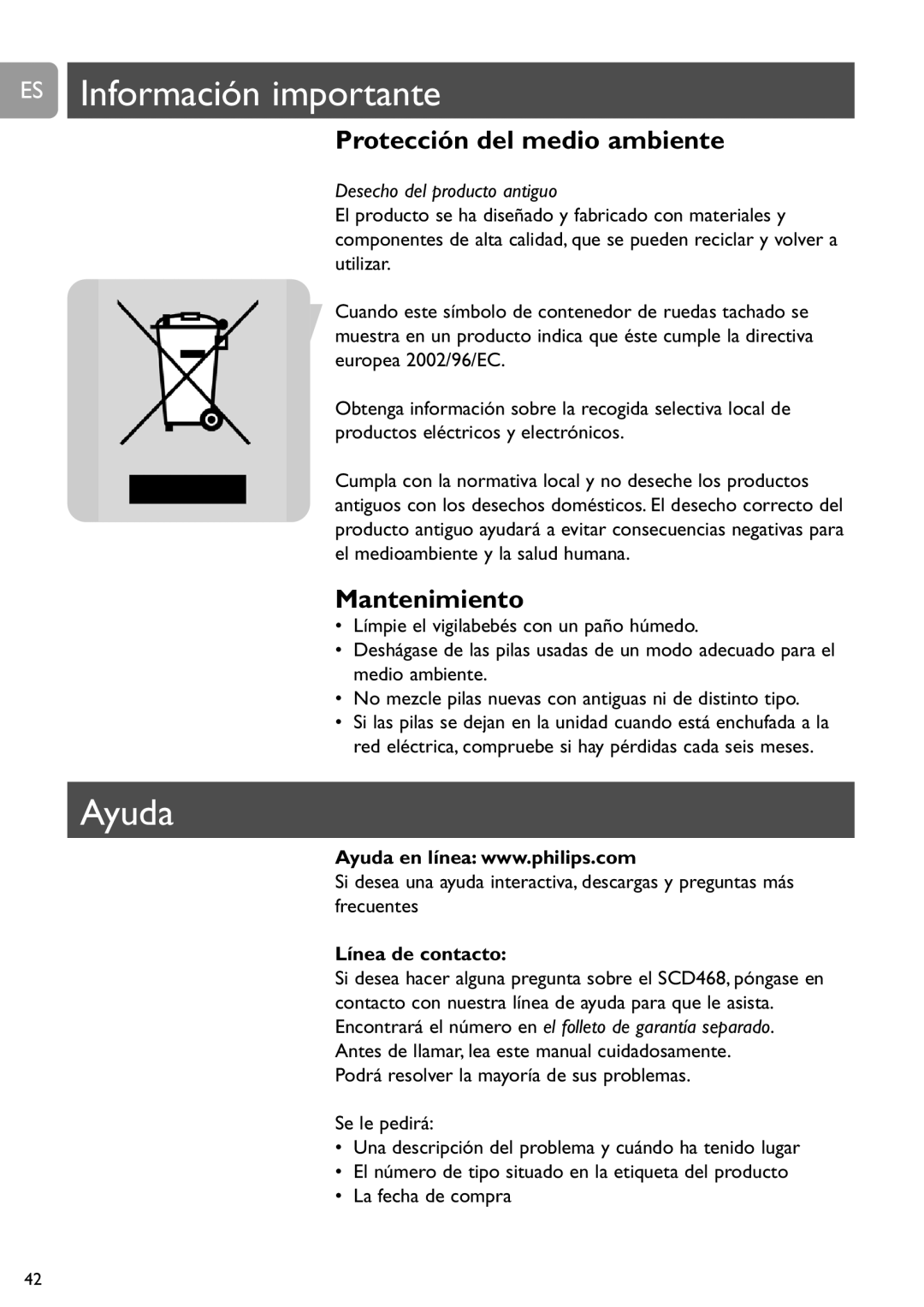 Philips SCD468 ES Información importante, Ayuda, Protección del medio ambiente, Mantenimiento, Línea de contacto 