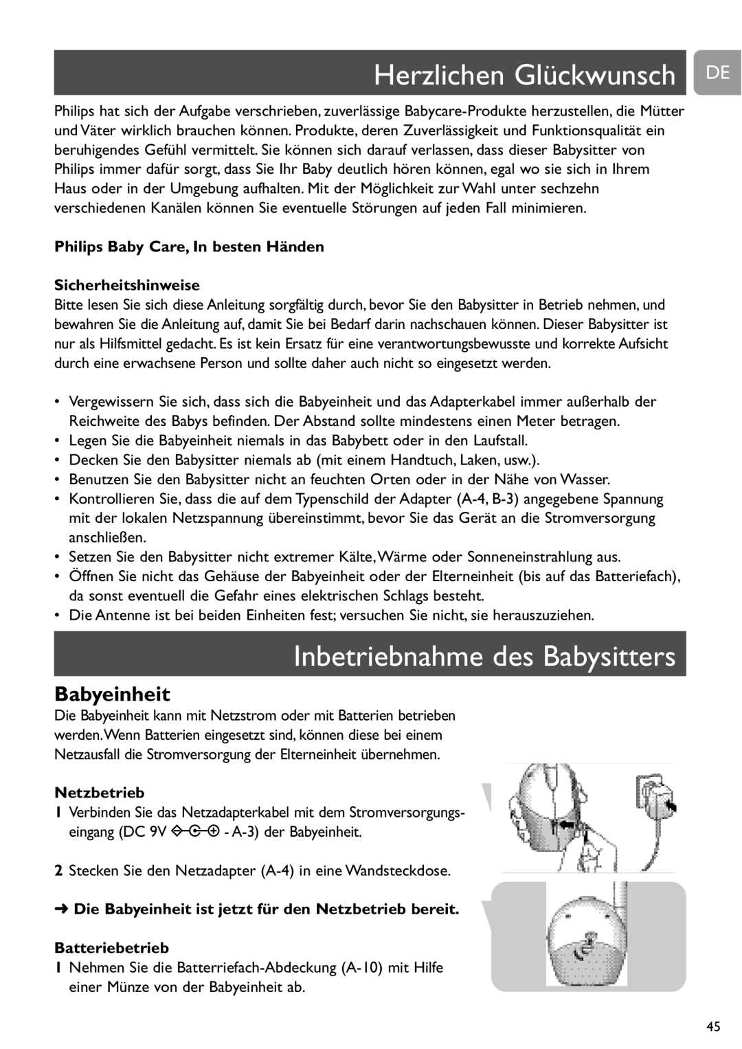 Philips SCD468 user manual Herzlichen Glückwunsch DE, Inbetriebnahme des Babysitters, Netzbetrieb 