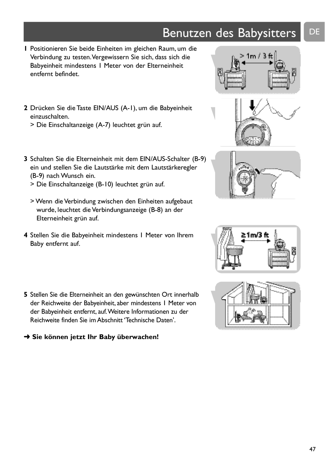 Philips SCD468 user manual Benutzen des Babysitters DE, Sie können jetzt Ihr Baby überwachen 