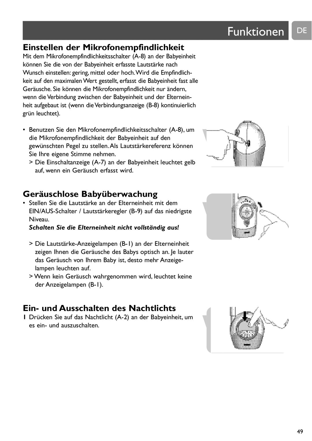 Philips SCD468 user manual Funktionen DE, Einstellen der Mikrofonempfindlichkeit, Geräuschlose Babyüberwachung 