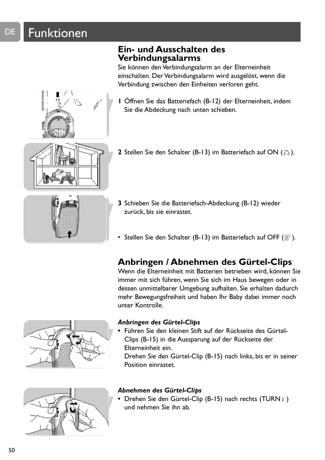 Philips SCD468 user manual Ein- und Ausschalten des Verbindungsalarms, Anbringen / Abnehmen des Gürtel-Clips 