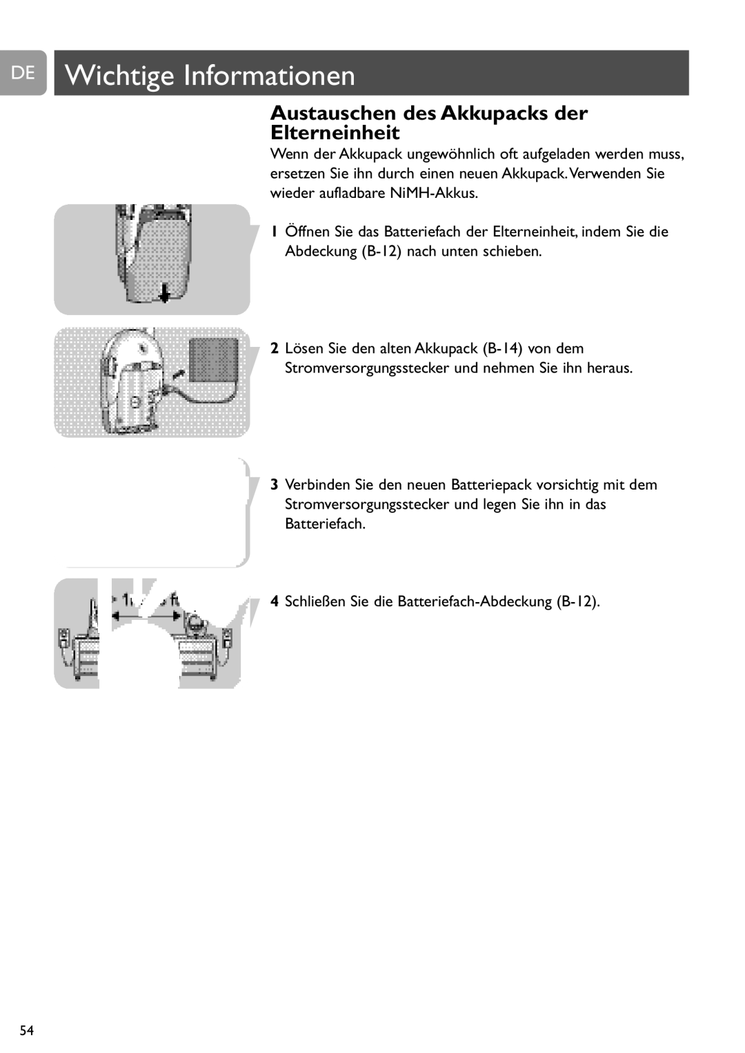 Philips SCD468 user manual DE Wichtige Informationen, Austauschen des Akkupacks der Elterneinheit 