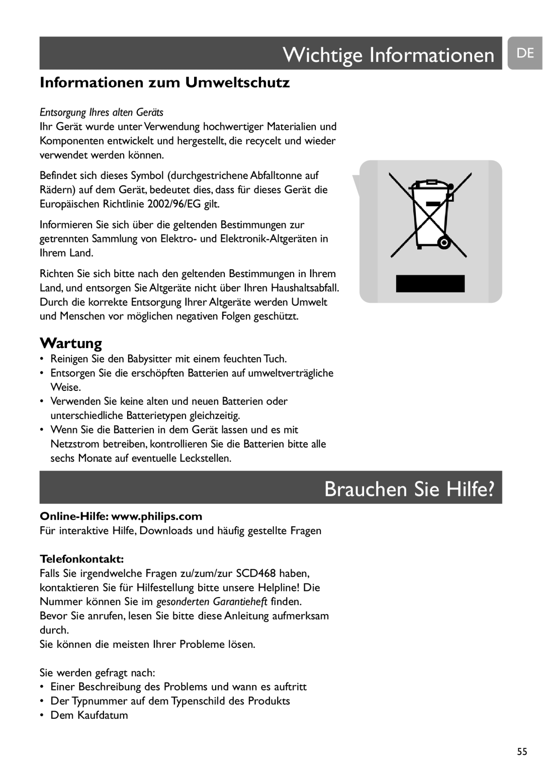 Philips SCD468 Wichtige Informationen DE, Brauchen Sie Hilfe?, Informationen zum Umweltschutz, Wartung, Telefonkontakt 