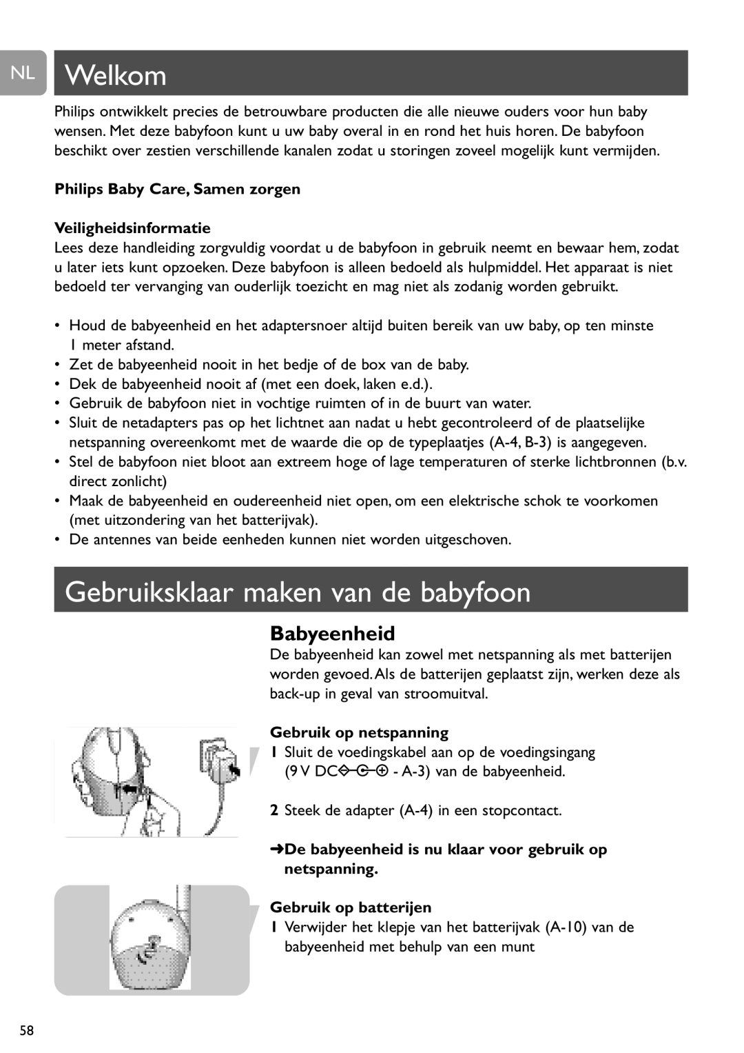 Philips SCD468 NL Welkom, Gebruiksklaar maken van de babyfoon, Philips Baby Care, Samen zorgen Veiligheidsinformatie 