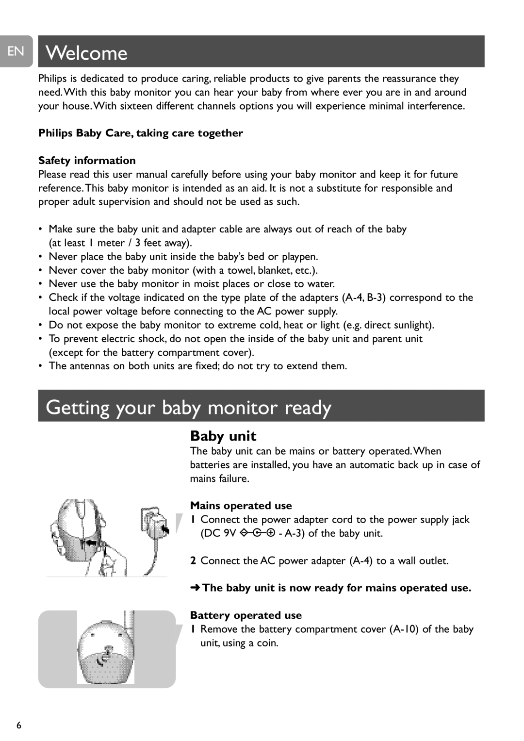 Philips SCD468 EN Welcome, Getting your baby monitor ready, Philips Baby Care, taking care together Safety information 