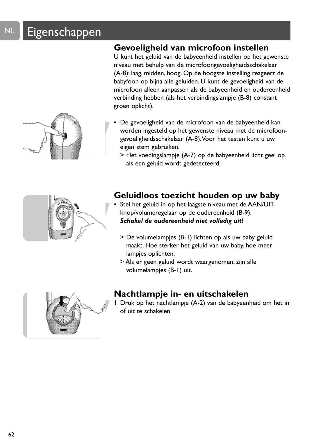 Philips SCD468 user manual NL Eigenschappen, Gevoeligheid van microfoon instellen, Geluidloos toezicht houden op uw baby 