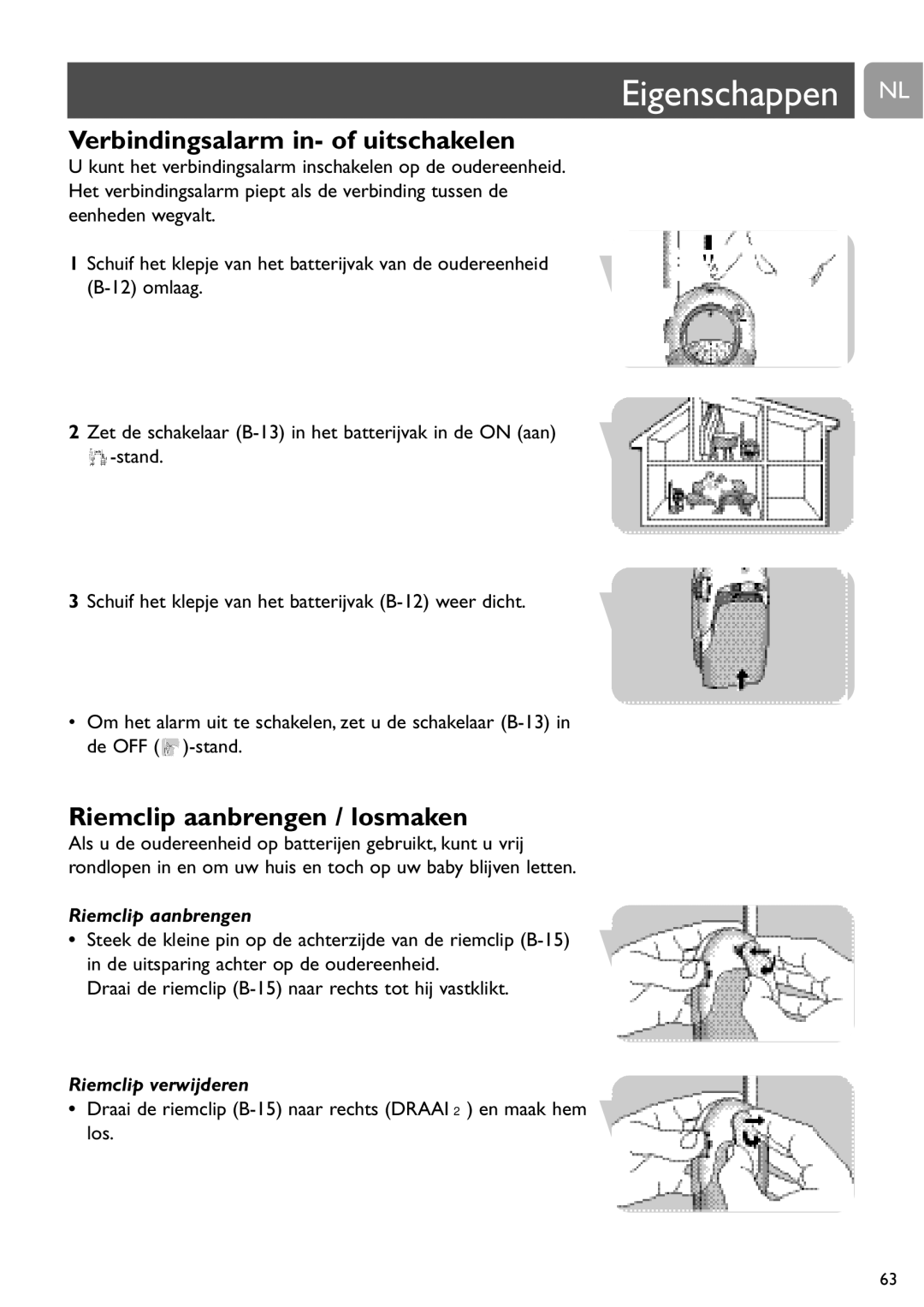 Philips SCD468 user manual Verbindingsalarm in- of uitschakelen, Riemclip aanbrengen / losmaken, Riemclip verwijderen 