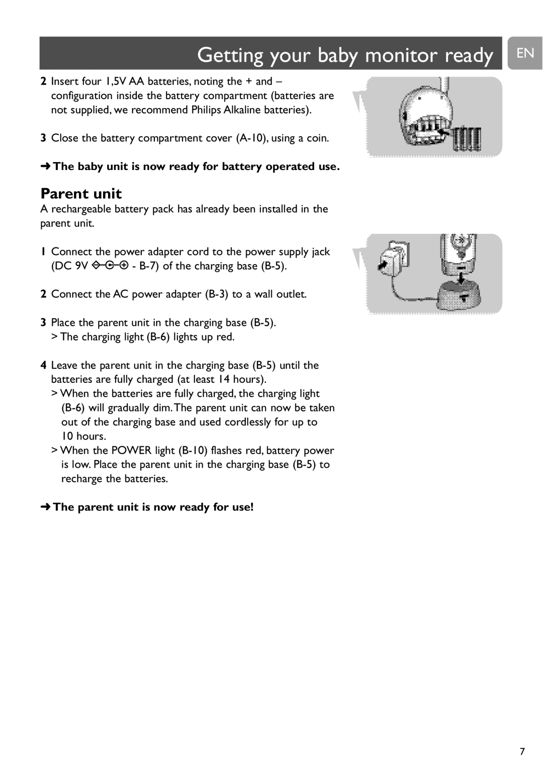 Philips SCD468 user manual Getting your baby monitor ready EN, Close the battery compartment cover A-10, using a coin 