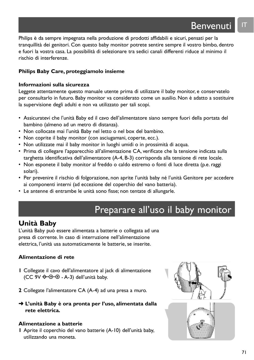 Philips SCD468 user manual Benvenuti IT, Preparare all’uso il baby monitor, Alimentazione di rete 