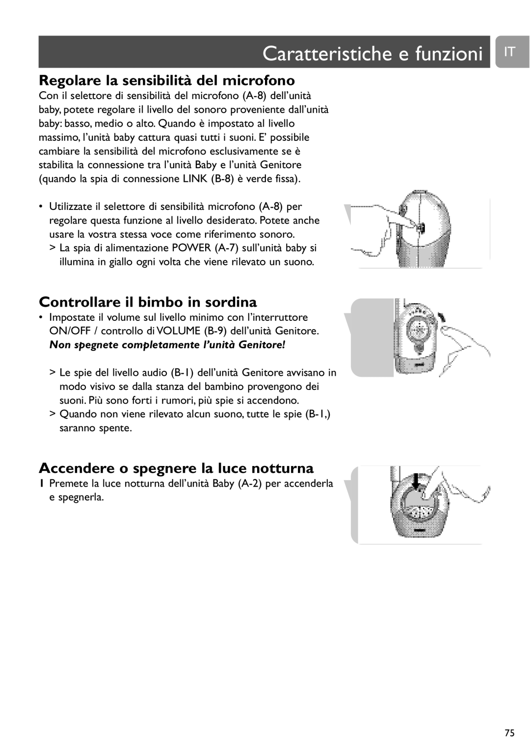 Philips SCD468 Caratteristiche e funzioni IT, Regolare la sensibilità del microfono, Controllare il bimbo in sordina 