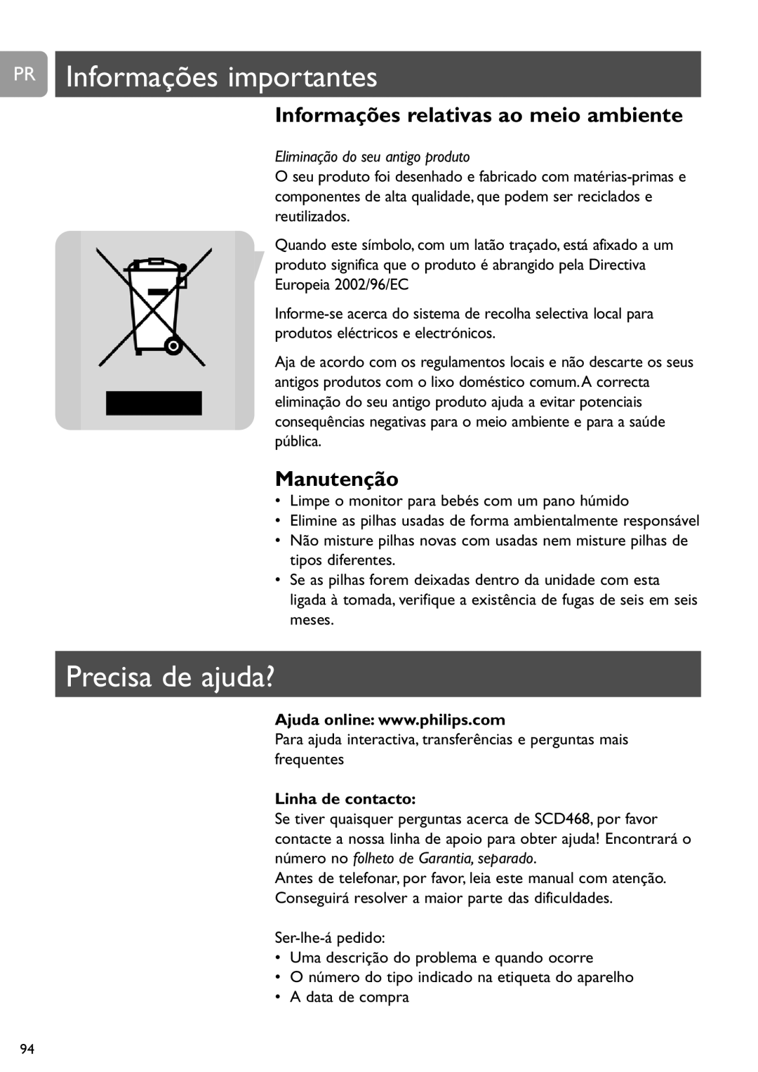 Philips SCD468 PR Informações importantes, Precisa de ajuda?, Informações relativas ao meio ambiente, Manutenção 