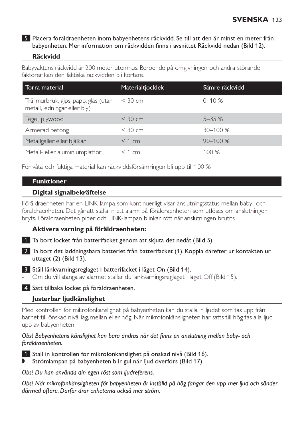 Philips SCD481 manual Räckvidd, Torra material Materialtjocklek Sämre räckvidd, Digital signalbekräftelse 